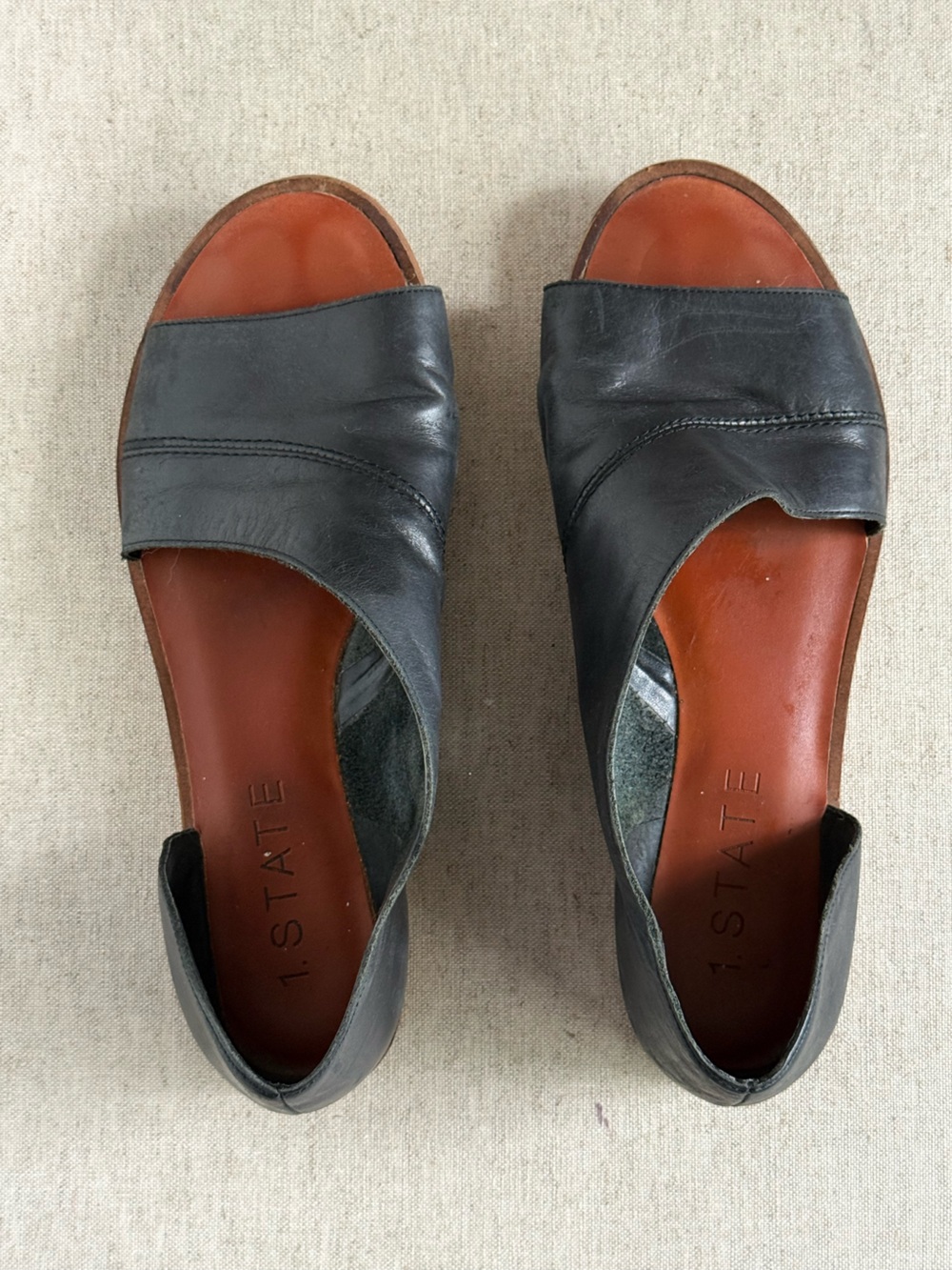 1.STATE Black Leather Peep Toe Flats / Slip-On Sandals - Size 8